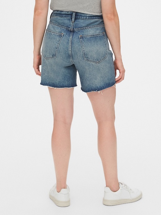 2 of 8 showing, with the color medium indigo of product Mid Rise Distressed Boyfriend Shorts