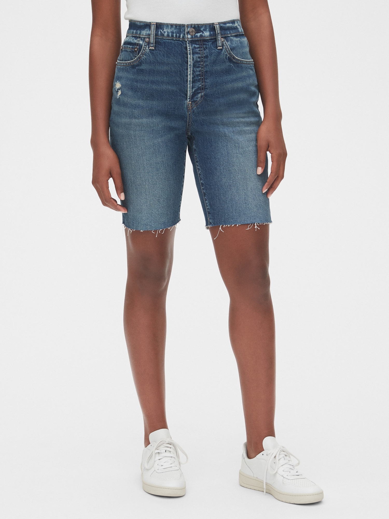 destroyed denim bermuda shorts