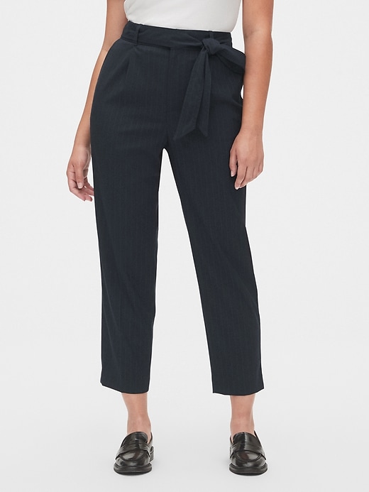 1 of 8 showing, with the color navy blue pinstripe of product High Rise Stripe Tie-Waist Pants