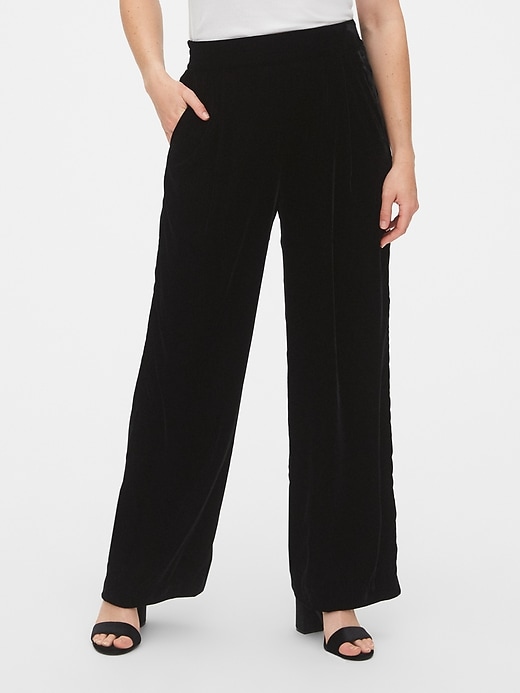 1 of 8 showing, with the color true black of product High Rise Velvet Pleated Wide-Leg Pants