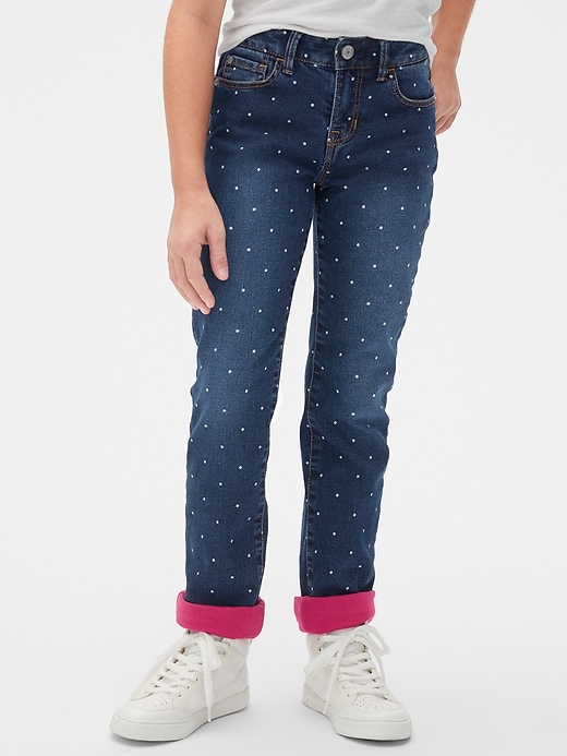2 of 8 showing, with the color indigo dot of product Kids Dot Jersey-Lined Straight Jeans