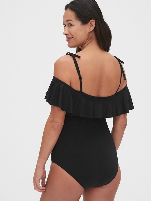 2 of 8 showing, with the color true black of product Maternity Ruffle Off-Shoulder One-Piece Suit