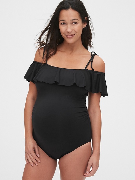 1 of 8 showing, with the color true black of product Maternity Ruffle Off-Shoulder One-Piece Suit
