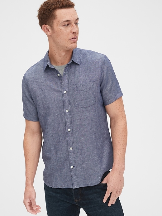 1 of 8 showing, with the color military blue of product Button-Front Shirt in Linen-Cotton