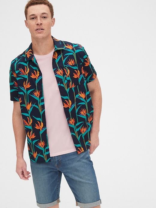 1 of 8 showing, with the color birds paradise floral of product Button-Front Shirt in Poplin