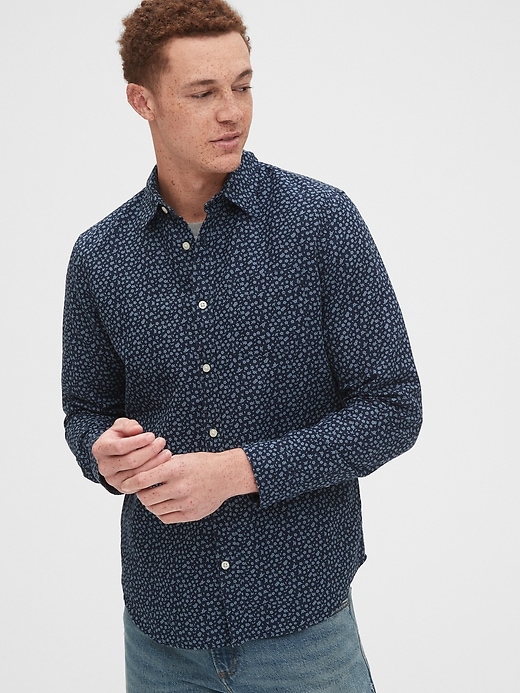 1 of 8 showing, with the color navy floral of product Button-Front Shirt in Linen-Cotton