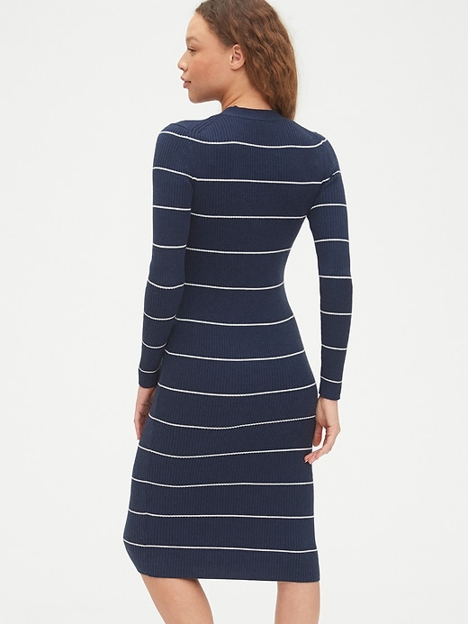 2 of 8 showing, with the color navy blue stripe of product V-Neck Ribbed Henley Midi Sweater Dress