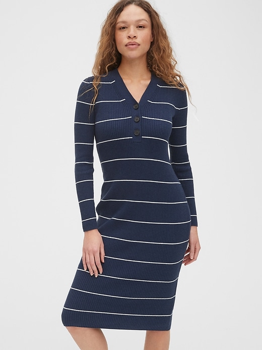 1 of 8 showing, with the color navy blue stripe of product V-Neck Ribbed Henley Midi Sweater Dress