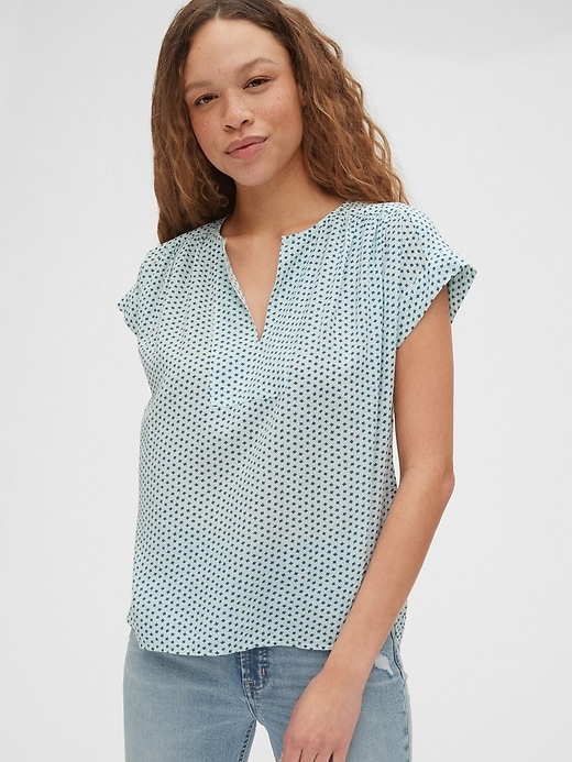 1 of 8 showing, with the color aqua & blue floral of product Print V-Neck Popover Top