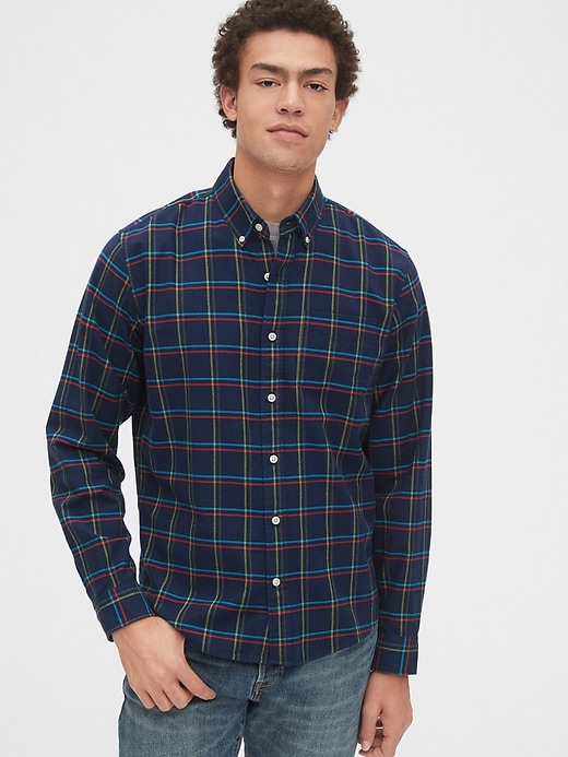1 of 8 showing, with the color navy windowpane star of product Lived-In Stretch Oxford Shirt in Untucked Fit