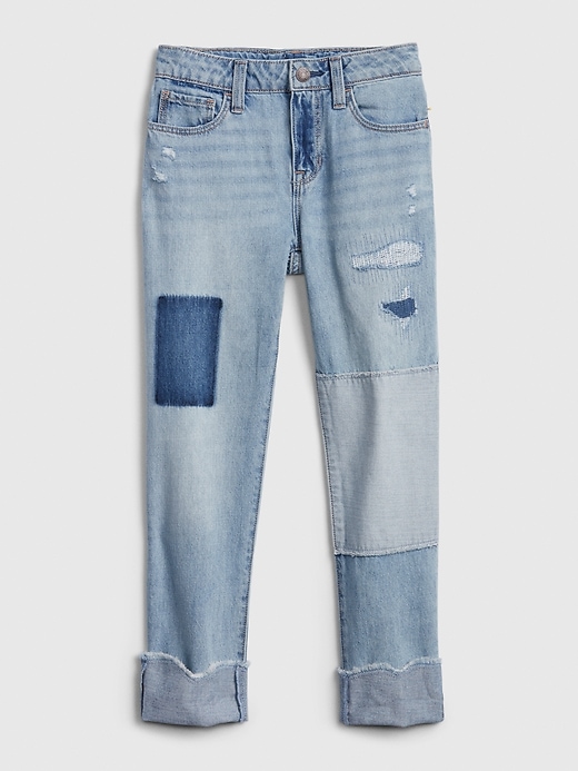 1 of 8 showing, with the color indigo patchwork of product Kids Denim Patch Girlfriend Jeans