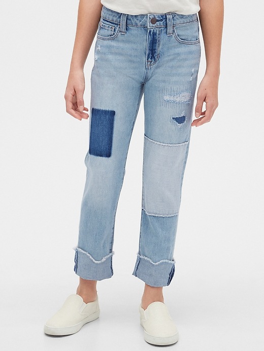 2 of 8 showing, with the color indigo patchwork of product Kids Denim Patch Girlfriend Jeans