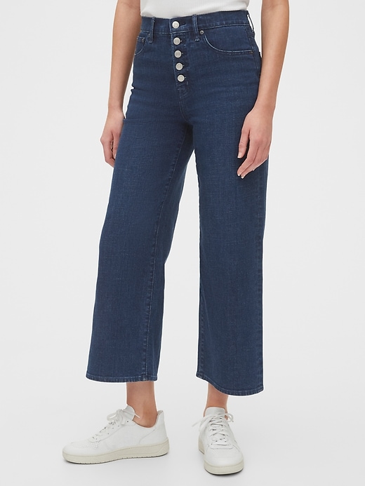 1 of 8 showing, with the color dark indigo of product High Rise Wide-Leg Crop Jeans