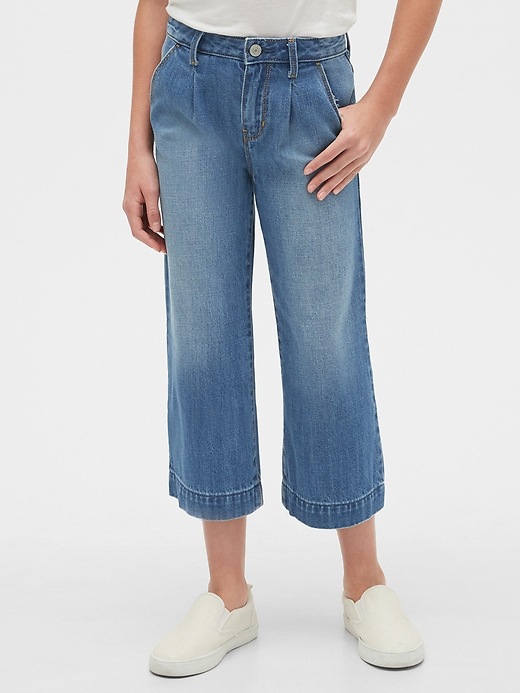 2 of 8 showing, with the color medium indigo of product Kids High Rise Pleated Crop Wide-Leg Jeans