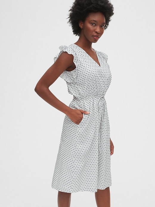 1 of 8 showing, with the color black dot print of product Ruffle Sleeve Midi Dress