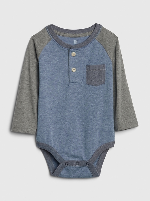 1 of 8 showing, with the color docksider blue of product Baby Colorblock Henley Bodysuit