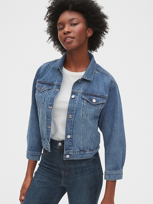 1 of 8 showing, with the color medium indigo of product Crop Denim Icon Jacket
