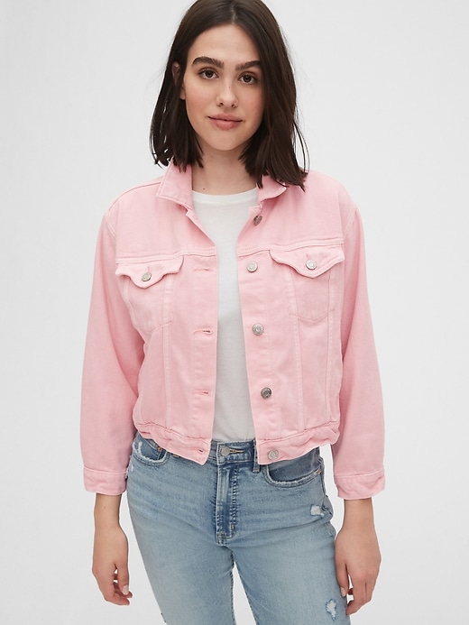 1 of 8 showing, with the color pure pink of product Crop Icon Denim Jacket