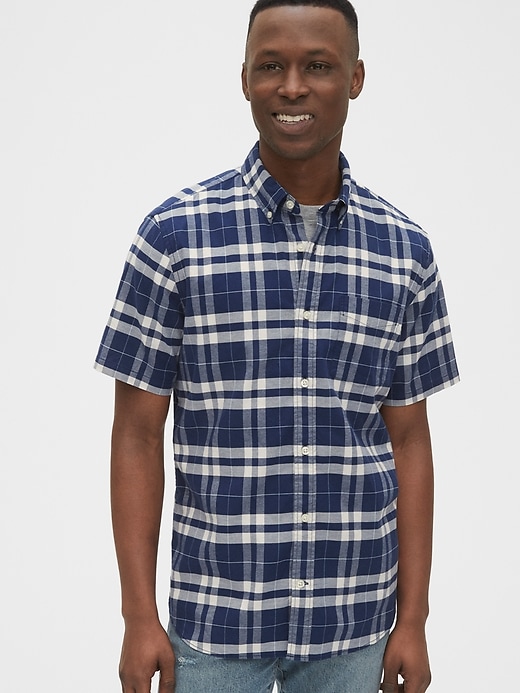 1 of 8 showing, with the color navy plaid of product Stretch Poplin Shirt