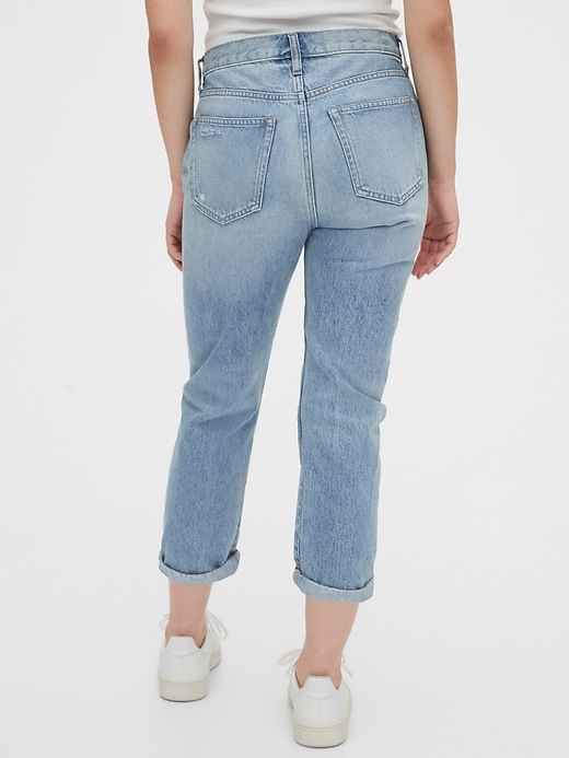 2 of 8 showing, with the color light indigo destroy of product Mid Rise Destructed Boyfriend Jeans