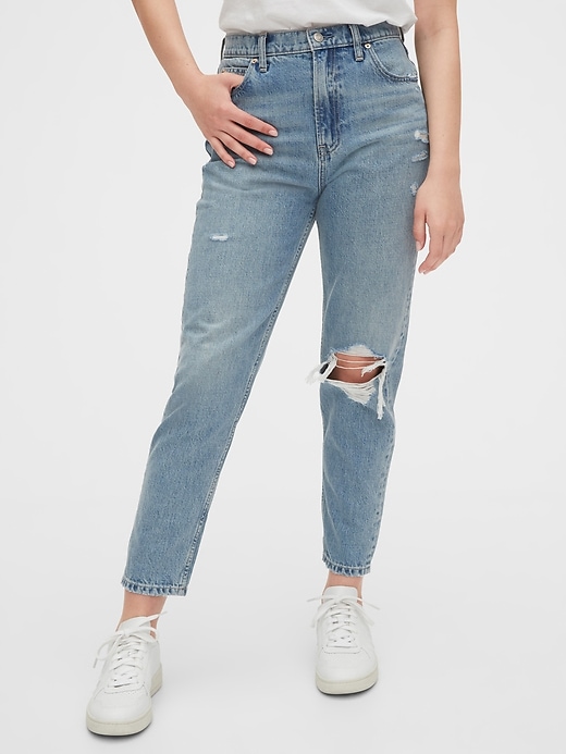 1 of 8 showing, with the color medium destroy of product High Rise Destructed Mom Jeans