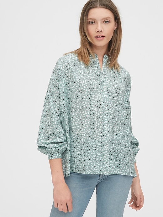 1 of 8 showing, with the color green floral of product Print Double Button Band-Collar Shirt