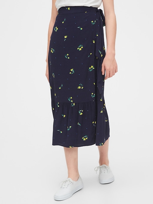 1 of 8 showing, with the color navy blue floral of product Wrap Midi Skirt