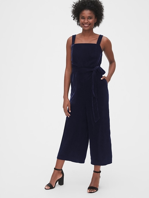 1 of 8 showing, with the color navy blue of product Velvet Apron Wide-Leg Jumpsuit