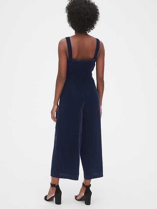 2 of 8 showing, with the color navy blue of product Velvet Apron Wide-Leg Jumpsuit
