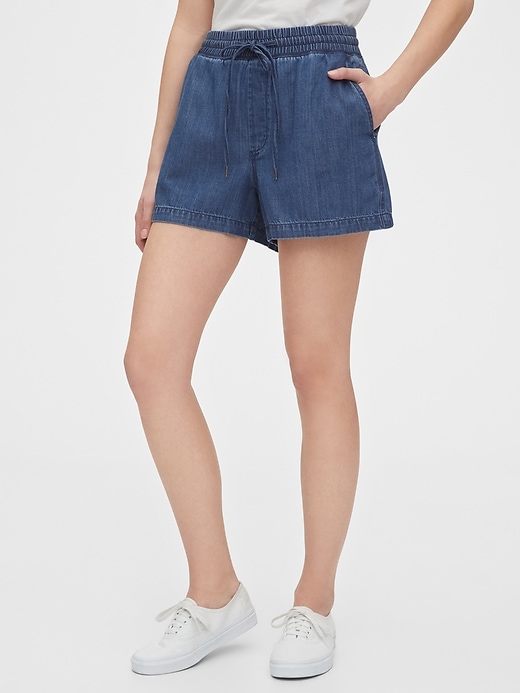 1 of 8 showing, with the color medium indigo of product Indigo Twill Shorts
