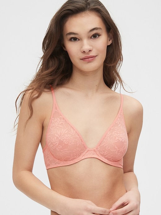 1 of 8 showing, with the color creamy coral pink of product Bare Natural Plunge Lace Bra