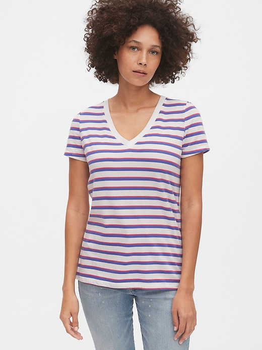 1 of 8 showing, with the color blue & red stripe of product Vintage Wash Stripe V-Neck T-Shirt