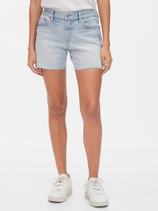 1 of 8 showing, with the color light indigo of product 5" Mid Rise Denim Shorts