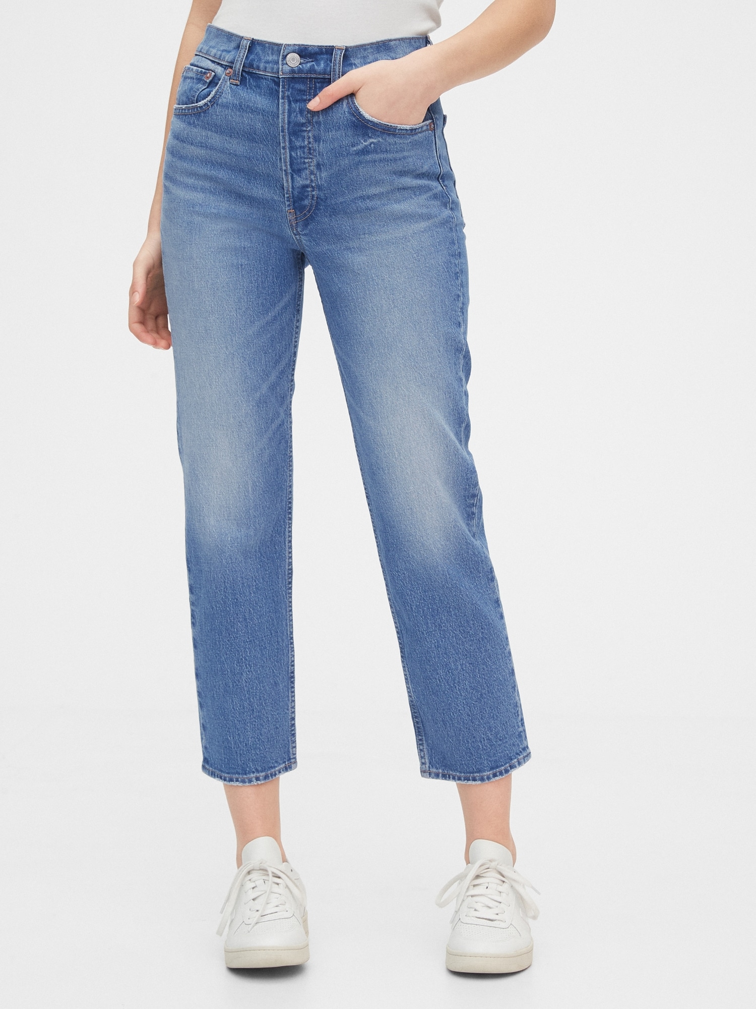 high rise dark blue jeans