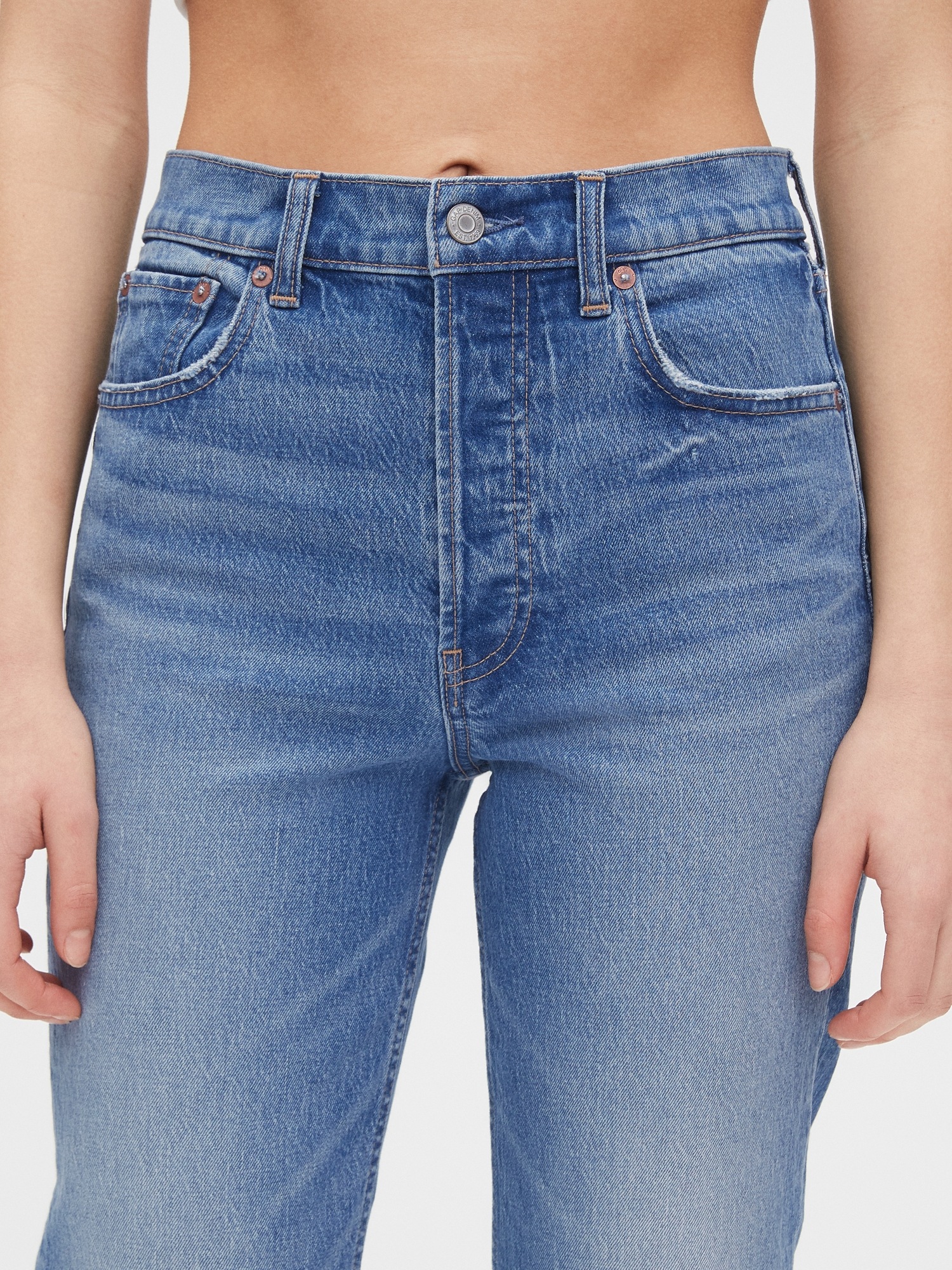 high rise dark blue jeans