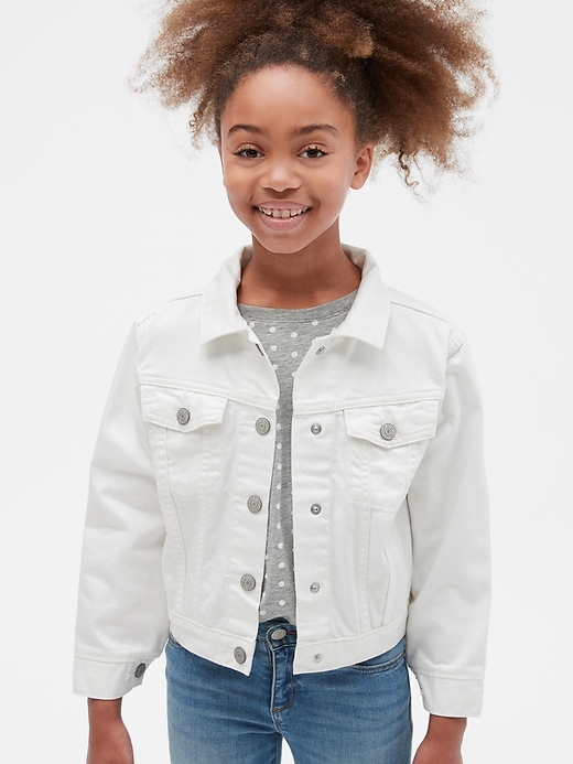 2 of 8 showing, with the color white denim of product Kids Denim Jacket in Stain Resistant