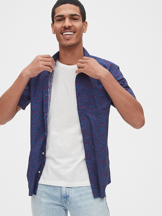 1 of 8 showing, with the color packed floral mauve of product Stretch Poplin Shirt