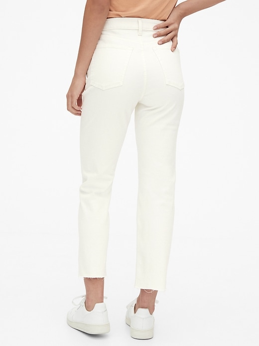 2 of 8 showing, with the color off white ecru of product High Rise Curvy Cheeky Straight Jeans with Raw Hem