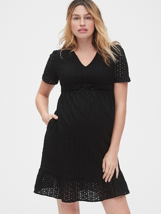 1 of 8 showing, with the color true black of product Maternity Eyelet V-Neck Dress