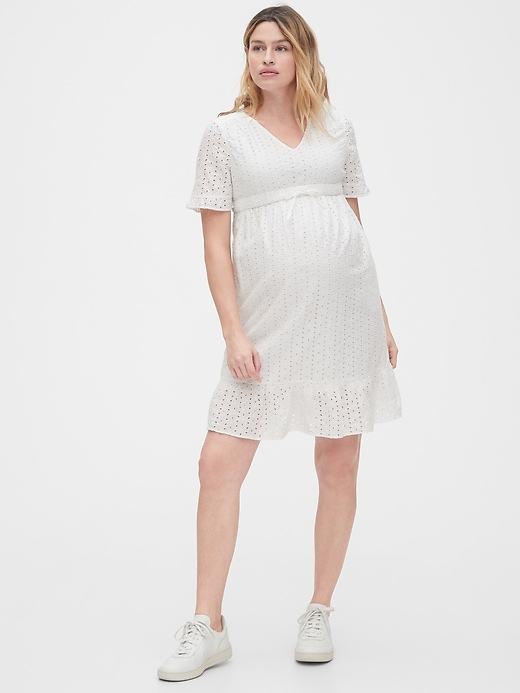 View large product image 1 of 1. Maternity Eyelet V-Neck Dress