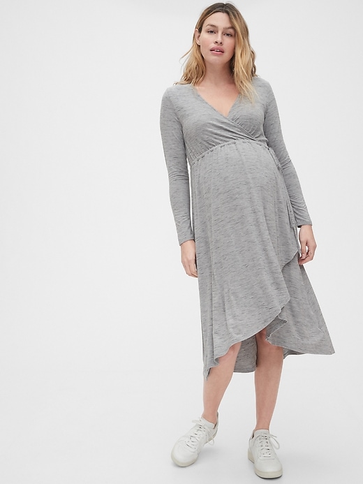 1 of 8 showing, with the color space dye grey marl of product Maternity Midi Wrap Dress