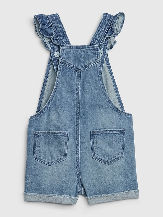 2 of 8 showing, with the color medium wash of product Toddler Denim Ruffle Overalls
