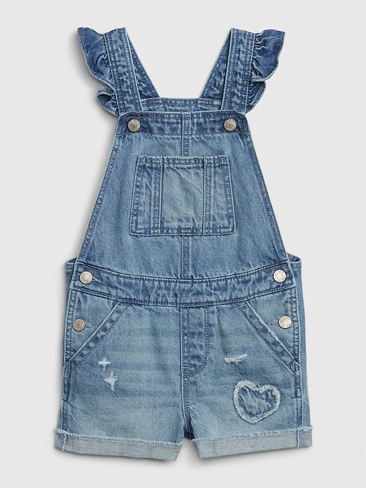 1 of 8 showing, with the color medium wash of product Toddler Denim Ruffle Overalls