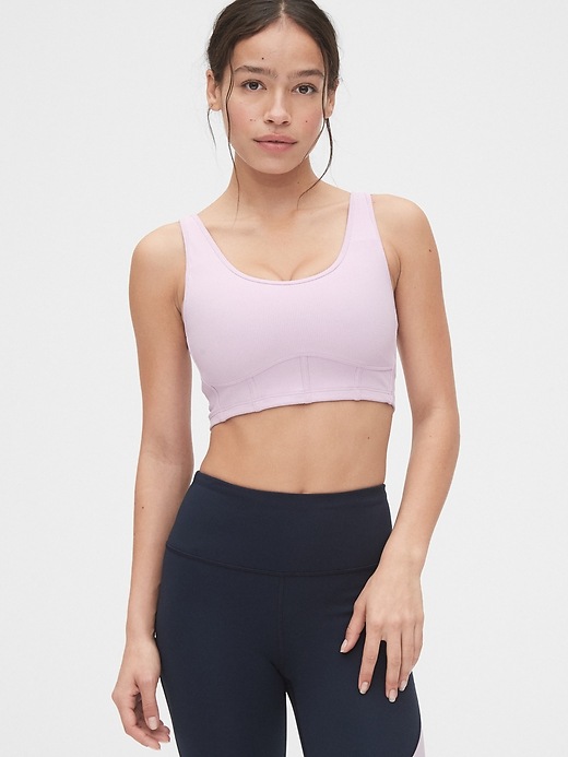1 of 8 showing, with the color purple lilac of product GapFit Blackout Corset-Style Sports Bra