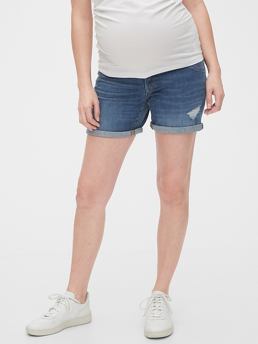 Image number 1 showing, 5" Maternity Destructed Inset Panel Denim Shorts