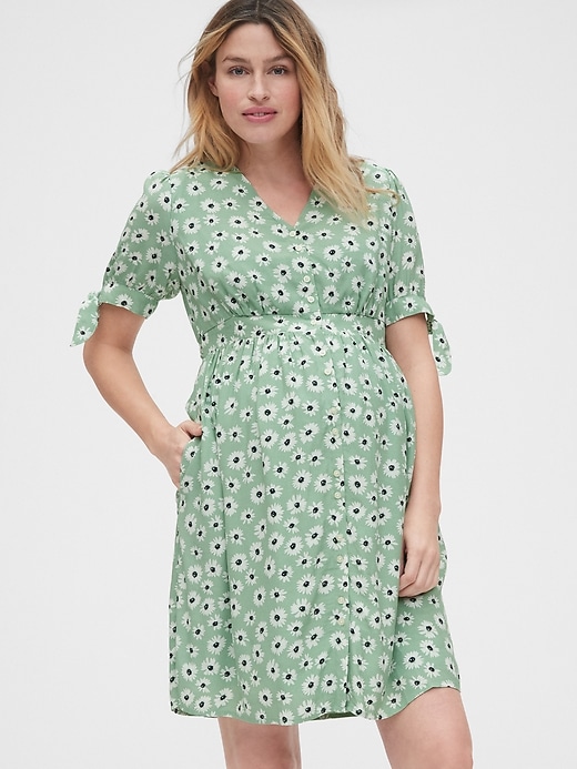 1 of 8 showing, with the color green floral of product Maternity Print Button-Front Dress