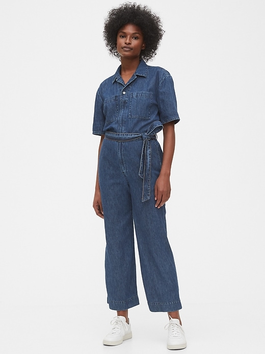1 of 8 showing, with the color dark indigo of product Utility Tie-Belt Jumpsuit