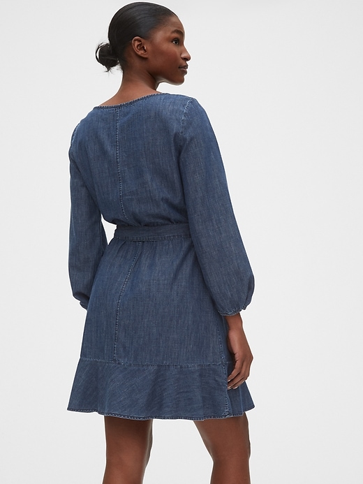 2 of 8 showing, with the color medium indigo of product Tie-Belt Mini Denim Dress
