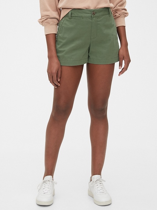 1 of 8 showing, with the color olive green of product 4" Khaki Shorts