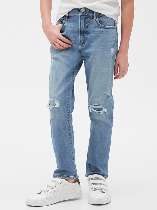 2 of 8 showing, with the color medium destroy of product Kids Destructed Athletic Taper Jeans with Washwell™